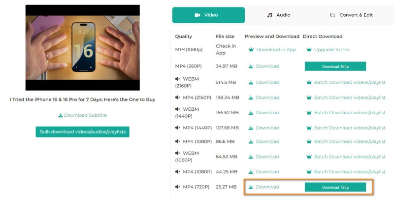choose desired output options